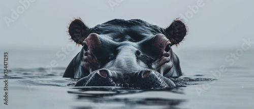  a close up of a hippopotamus in the water with it's head sticking out of the water.