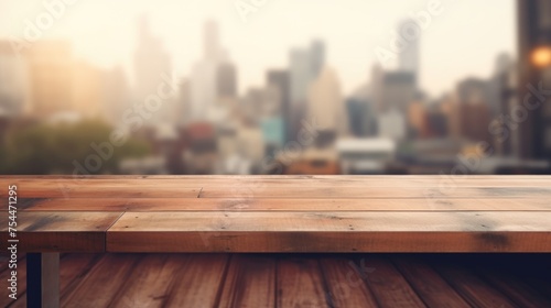 City skyline on wooden table, great for urban themed designs