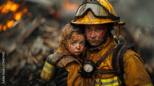 Firefighter cradling a child amidst the aftermath of a fire.