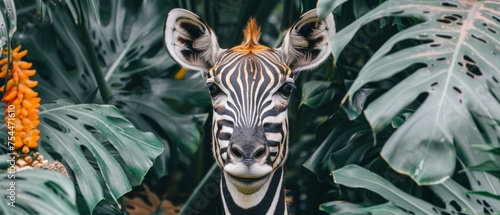  a close up of a zebra's face in front of a bunch of green leaves and orange flowers on a sunny day.