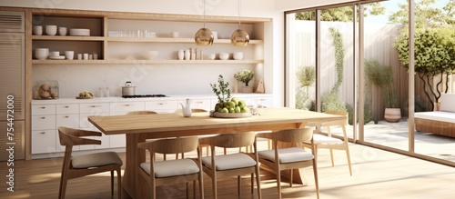 A modern dining room featuring a large wooden table surrounded by matching chairs. The room is bright and airy, filled with natural sunlight streaming in through a window.