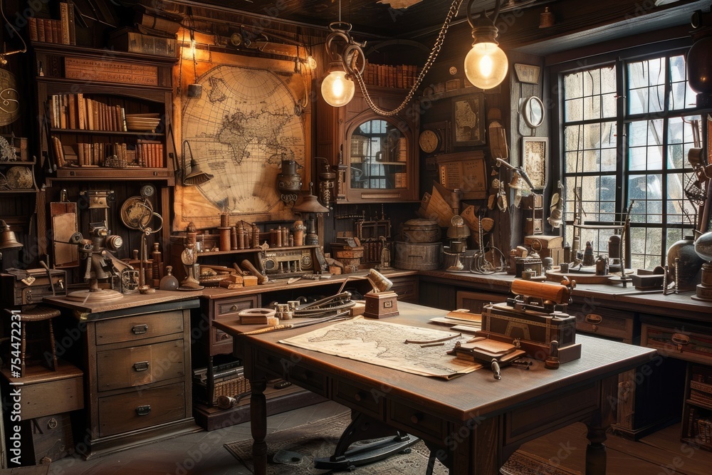 An intricately detailed vintage study room, filled with navigational instruments, antique map, and explorer's tools, evoking the spirit of discovery. Resplendent.