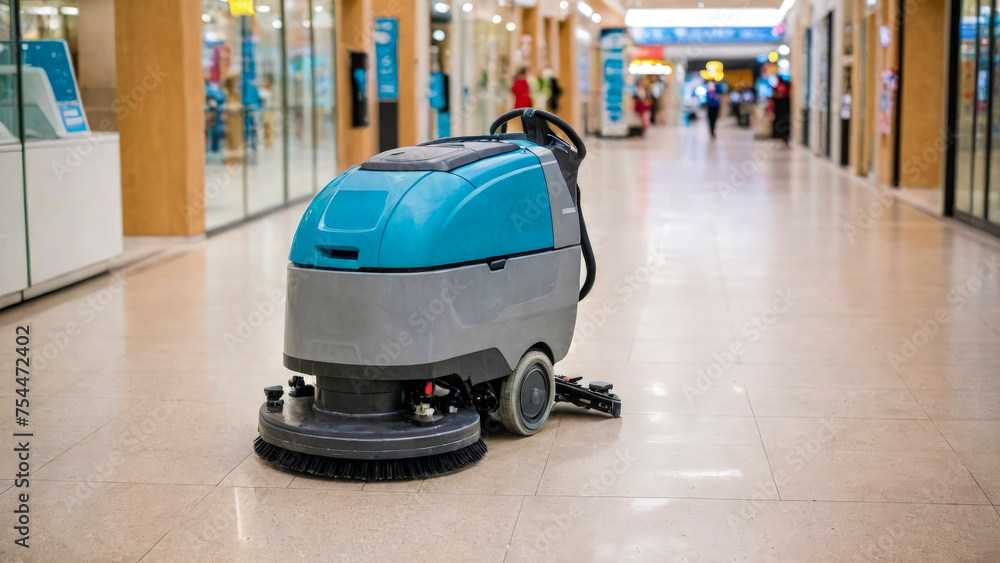 Fototapeta premium Large industrial scrubber dryer machine on glossy floor of shopping mall with various shops and bright storefronts, deserted. Without worker. On blurry background. Soft diffused lighting. Copy space.