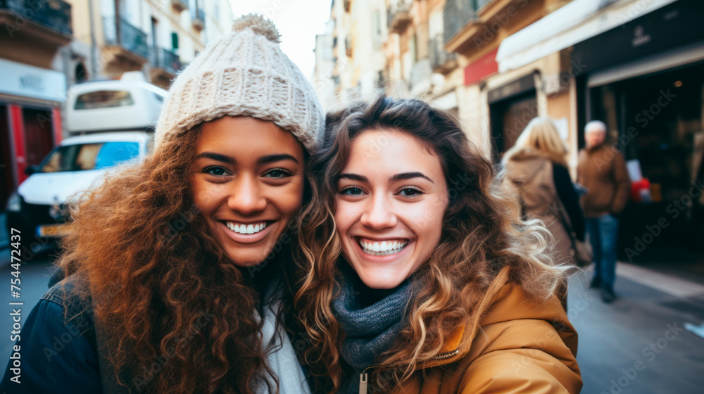 a couple of smiling female friends in their thirties take a selfie outdoors. lesbian couple. LGBTQ+ a couple of smiling female friends in their thirties take a selfie outdoors. lesbian couple. LGBTQ+