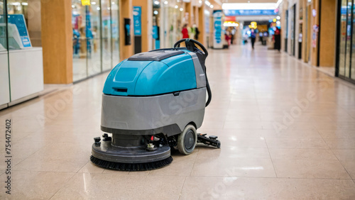 Large industrial scrubber dryer machine on glossy floor of shopping mall with various shops and bright storefronts, deserted. Without worker. On blurry background. Soft diffused lighting. Copy space.