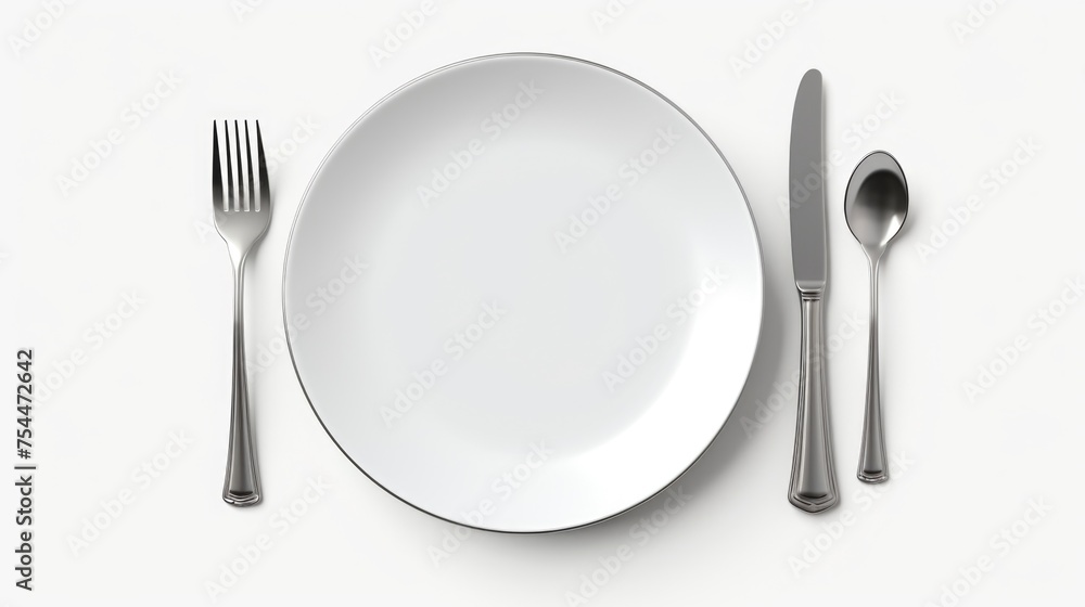A simple white plate with utensils. Suitable for food and dining concepts A simple white plate with utensils. Suitable for food and dining concepts