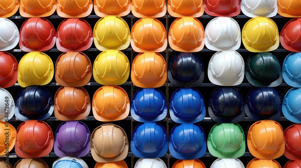 A collection of hard hats neatly displayed on a shelf. Perfect for construction or safety themed projects A collection of hard hats neatly displayed on a shelf. Perfect for construction or safety themed projects