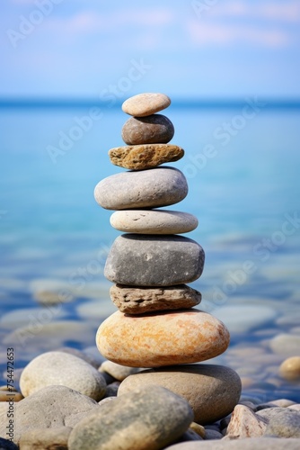 A stack of rocks on a sandy beach. Perfect for nature and relaxation concepts