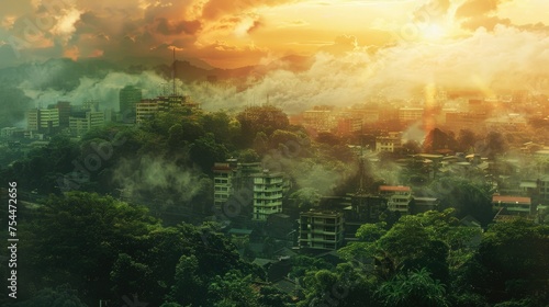A city with billowing smoke, suitable for environmental themes