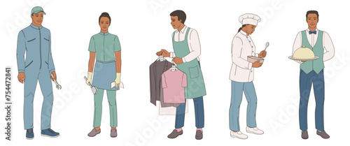 hotel staff African American male and female characters part 2, waiter, kitchen chef, housekeeping, laundry service, maintenance