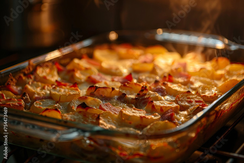 A casserole bubbling in the oven with potatoes, cheese and ham