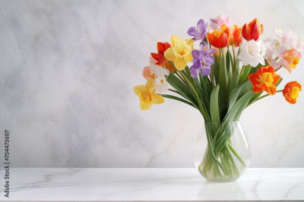 A clear glass vase filled with colorful spring flowers on a white marble countertop.