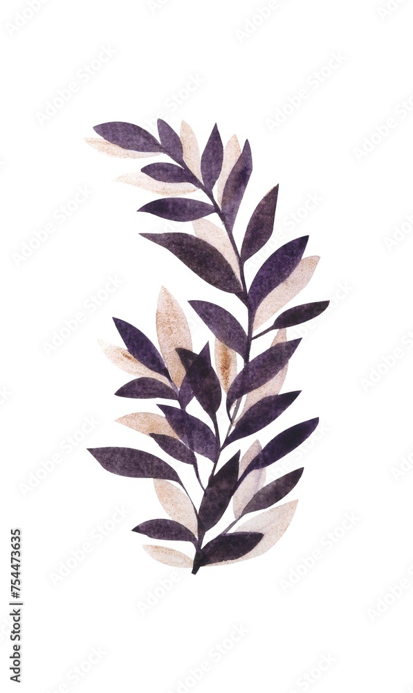 Obraz premium Purple leaf with golden leaves , watercolor botanical element on a white background, tropical illustration