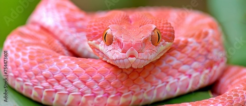  a close up of a pink snake's head on top of a green surface with a blurry background.