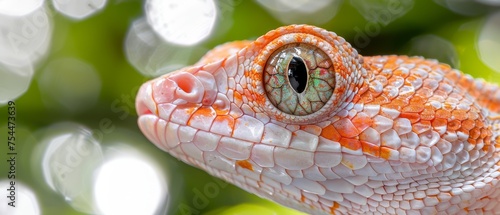  a close up of a lizard's eye with green and white blurry boke of light in the background.