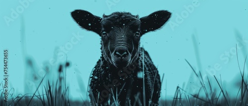  a black and white photo of a cow looking at the camera with a blue sky in the background and grass in the foreground.