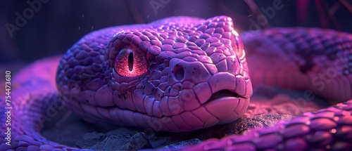  a close - up of a purple snake's head with a red light shining on it's eyes.
