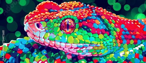  a close up of a colorful chamelon's face with lots of dots on it's body.