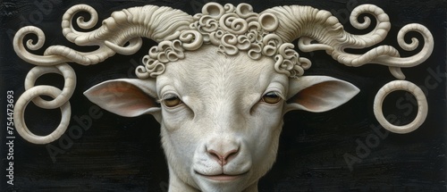  a close up of a sheep's head with horns and curls on it's head, against a black background.