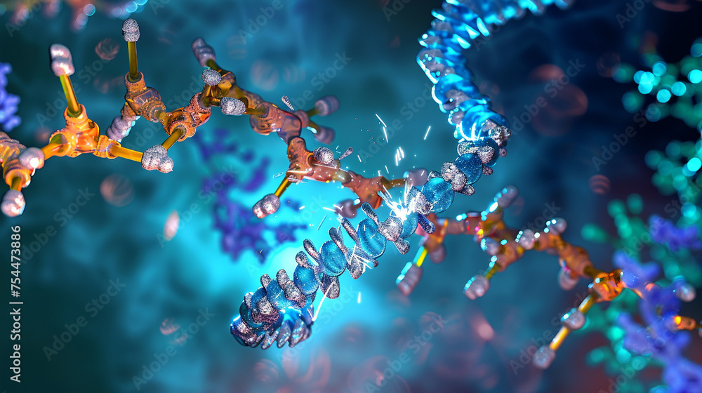 Fototapeta premium A vivid image of CRISPR-Cas9 molecules targeting a DNA strand, symbolizing precise gene editing, with copy space