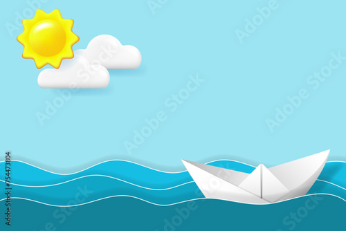 3D paper ship in ocean waves, sun and clouds. Sea landscape with 3D objects