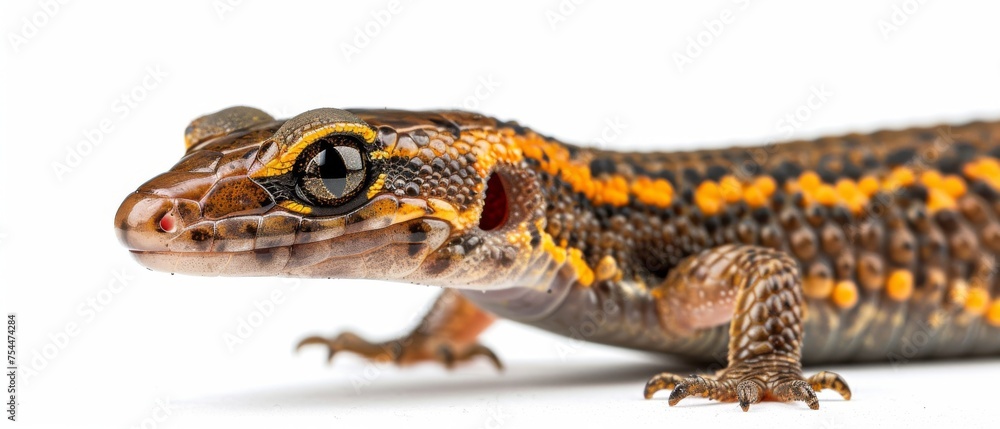 a close up of a lizard with orange and black stripes on it's body and a black and yellow stripe on the back of it's head. a close up of a lizard with orange and black stripes on it's body and a black and yellow stripe on the back of it's head.