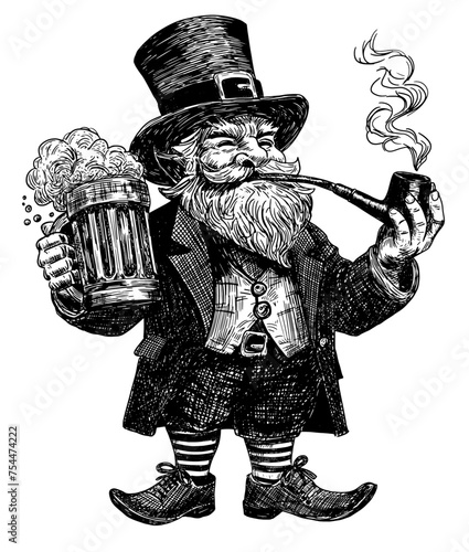 leprechaun with pipe and mug beer hand drawn line art sketch illustration isolated transparent background irish folklore character St. Patrick’s Day celebration card design