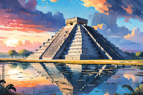 Watercolor painting of a temple at Chichen Itza, Mexico at sunset