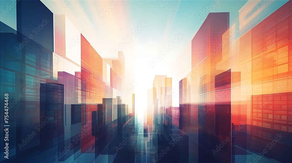 Skyscrapers abstract background, geometric pattern of towers, perspective graphic painting of buildings - Architectural illustration for financial, corporate and business brochure template
