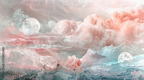 Abstract artistic rendering of a textured mountain landscape amidst a dreamy cloudscape with celestial moons.