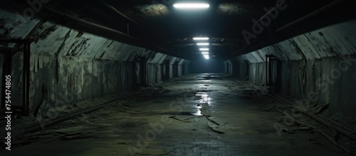Inside an old abandoned underground Soviet shelter from the Cold War, a wide corridor is seen with a collapsed suspended ceiling. At the end of the tunnel,