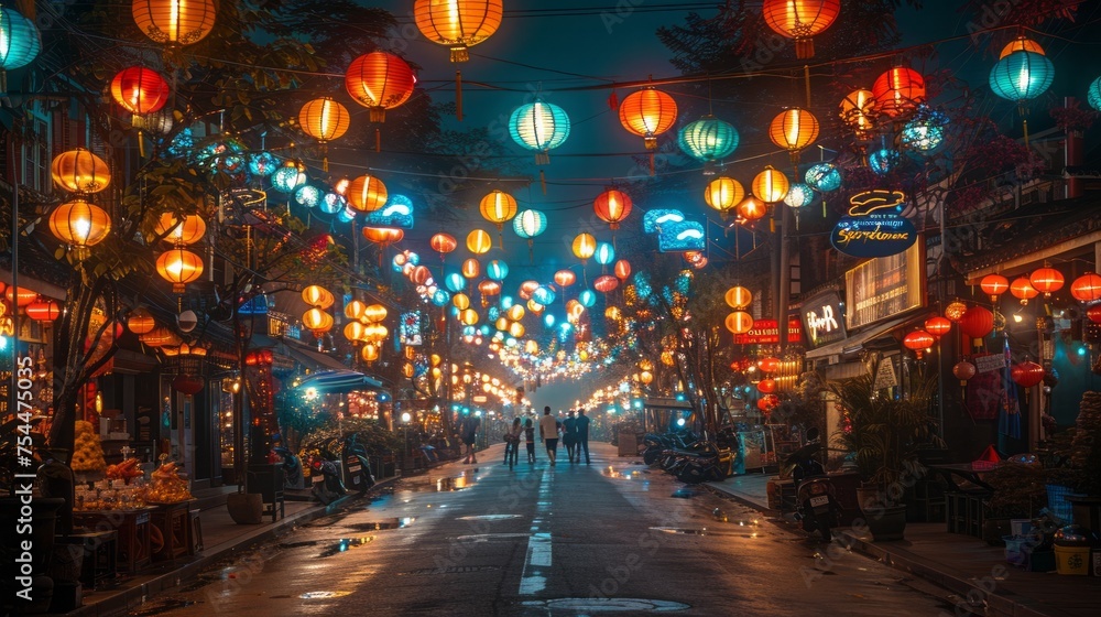 a street with lanterns hanging from the trees at night
