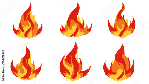 Set of fire flames illustration. Isolated fire icons on transparent or white backround. Vector illustration of fire.
