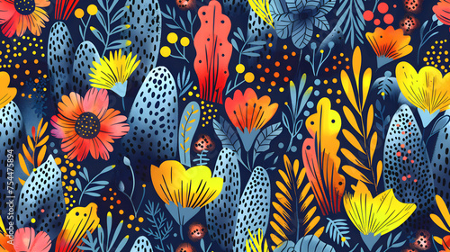  Pattern of abstract shapes, bold color blocking, whimsical blue floral motifs. Hand-Drawn Design © Nataliia