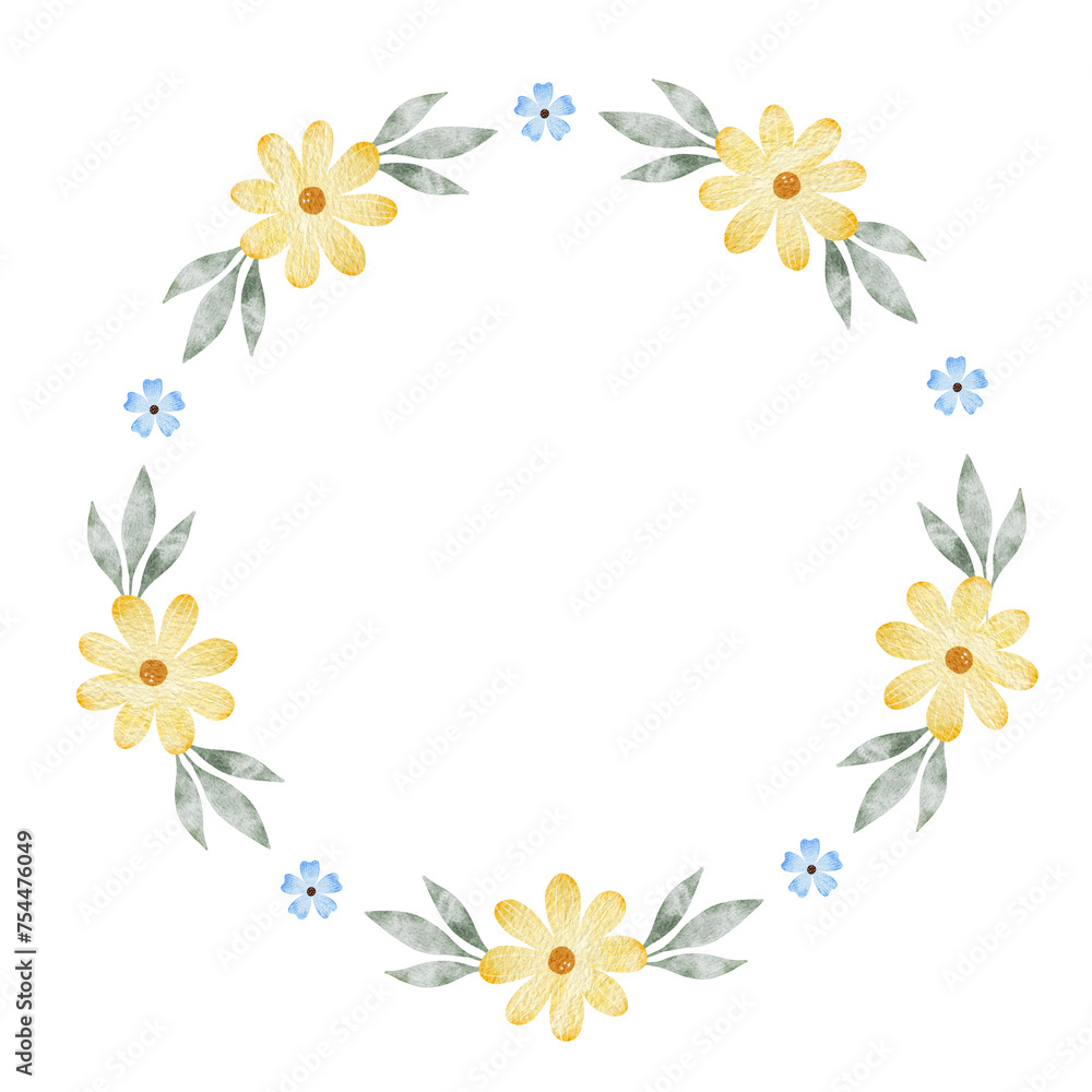 Blue and yellow wildflowers. Round wreath of simple flowers. Watercolor isolated illustration. Frame for design of postcards for Easter, birthday, International Women's Day