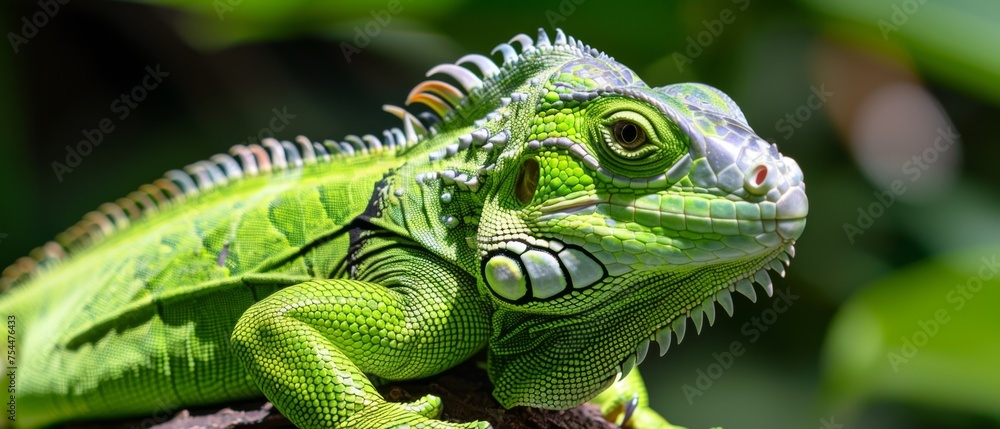 a close up of a green iguana on a branch with leaves in the background and a blurry background. a close up of a green iguana on a branch with leaves in the background and a blurry background.