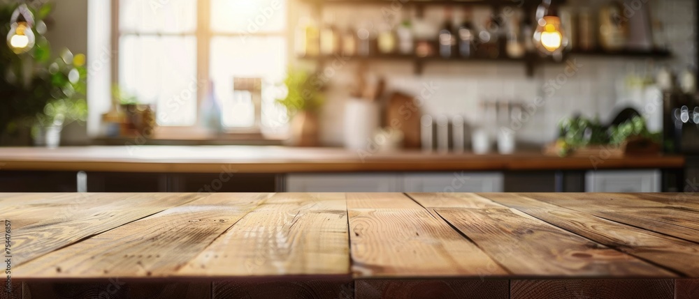 Ultrawide Colose-up Photo On Wooden Table With Blurry Kitchen In Background Wallpaper