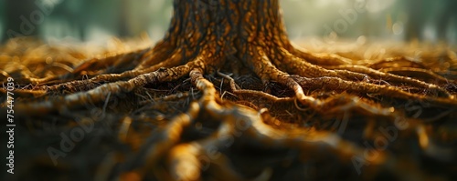 Interconnected Roots Clos. Concept Interconnected Roots, Close-Up Photography, Natural Patterns, Detail Shots photo