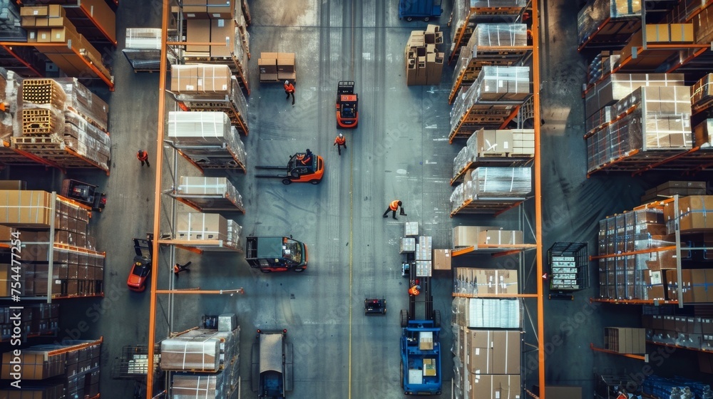 High-angle view of a bustling warehouse operation.
