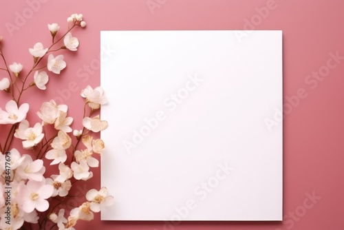 A white blank canvas surrounded by delicate pink blossoms, ready for creativity and personalized messages.