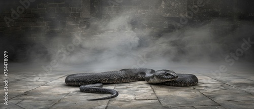  a snake laying on a stone floor in a room with steam coming out of the walls and a brick wall behind it. photo