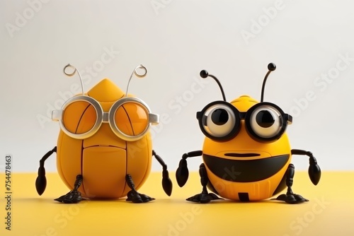 Two humorous yellow robots with expressive eyes on a bright yellow background  playful and fun. Amusing Yellow Cartoon Robots on Yellow