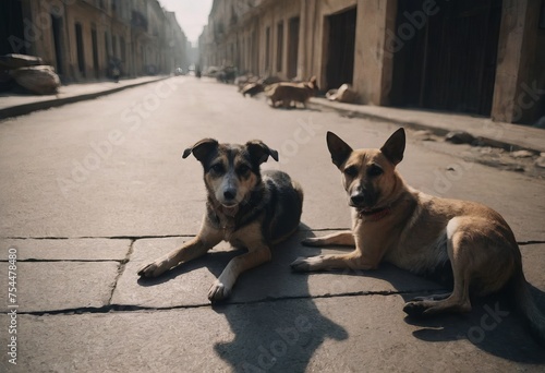 A gang of stray dogs.Half-a-dozen stray street dogs roaming in a residential area.Homeless dog on the street of the old city.Homeless animal problem