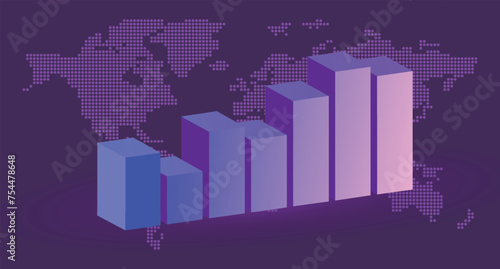 3D visualization adds depth and realism. The gradient purple color gives it a modern look. The world map element complements the concept of global economic and business influence.