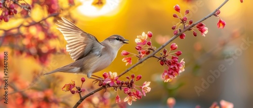  a small bird sitting on a branch of a tree with red flowers in the foreground and a yellow sky in the background.