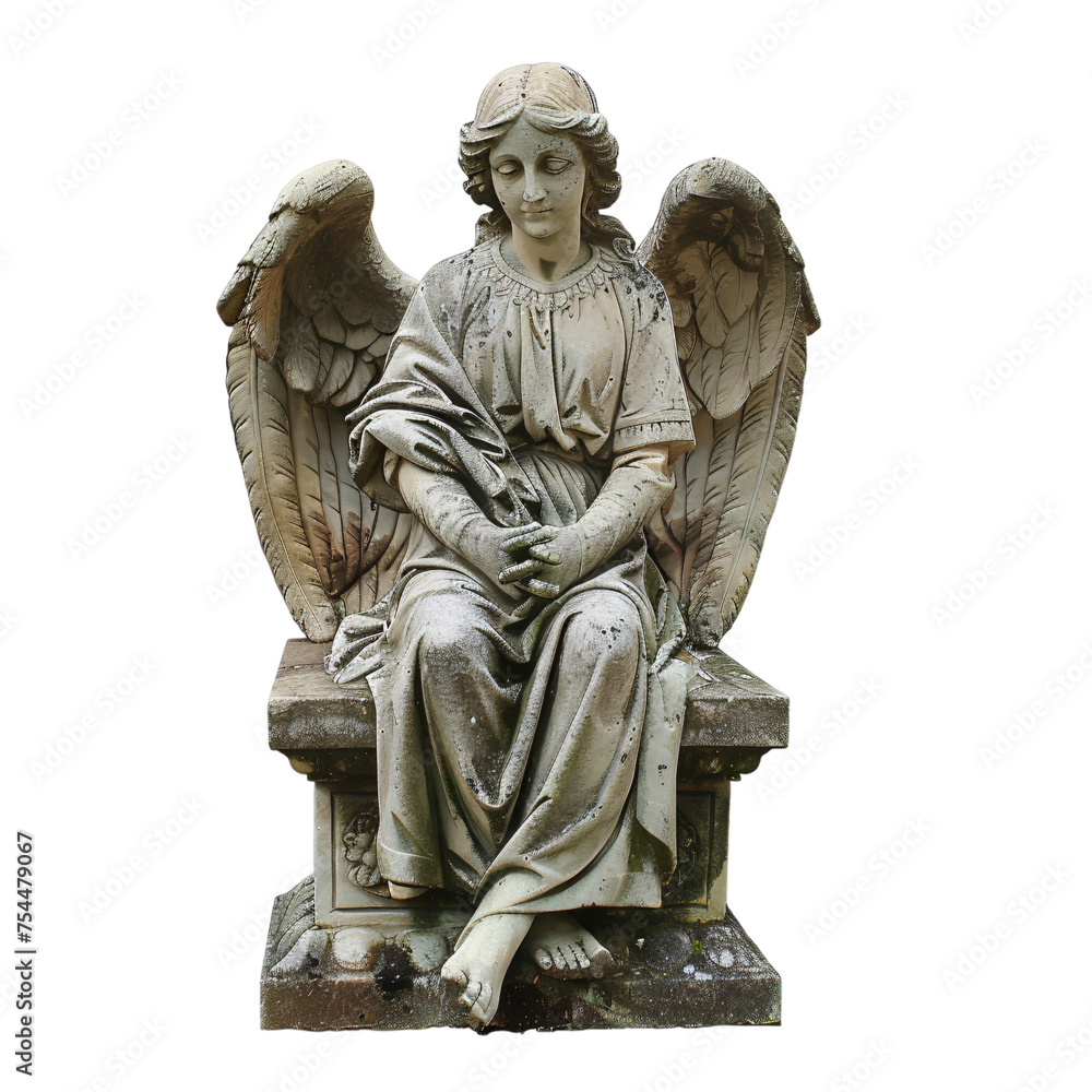 Fototapeta premium A stone statue of an angel with wings sitting on a tomb stone with an isolated background