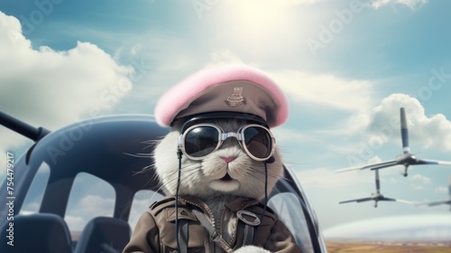Adventurous spirit, bunny in pilot attire before helicopter, clear skies and ready for takeoff. © ProPhotos