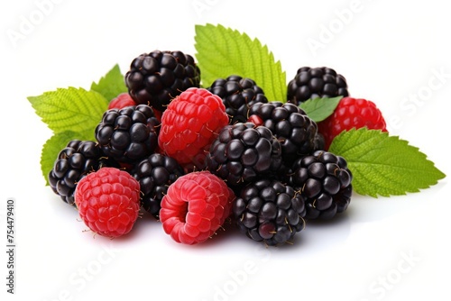 Fresh pile of blackberries and raspberries with leaves, perfect for food and nutrition concepts