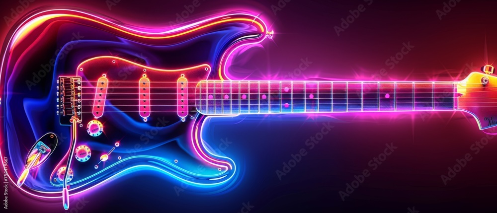  an electric guitar with neon lights in the shape of a guitar, with a black background and a red and blue electric guitar. - obrazy, fototapety, plakaty 