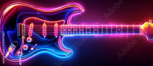  an electric guitar with neon lights in the shape of a guitar, with a black background and a red and blue electric guitar.